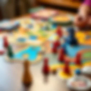 Colorful board game pieces and a game board spread out on a table