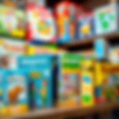 Educational board games lined up on a shelf