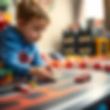 A child playing with Hot Wheels on a race track