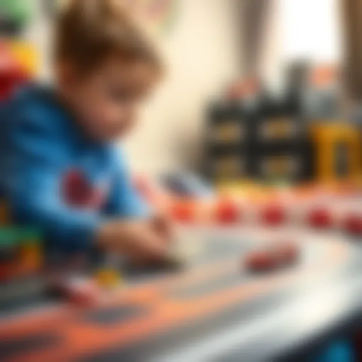 A child playing with Hot Wheels on a race track