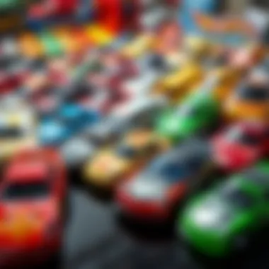 Colorful assortment of Hot Wheels cars on display