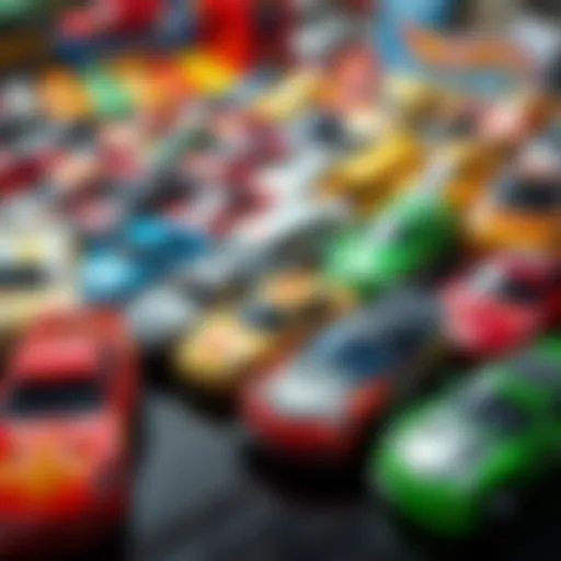 Colorful assortment of Hot Wheels cars on display