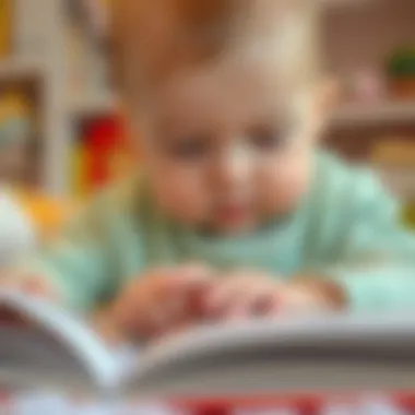 A close-up of a baby exploring textured pages of a storybook.