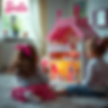 Children playing with the Barbie dollhouse, engaging in imaginative play.
