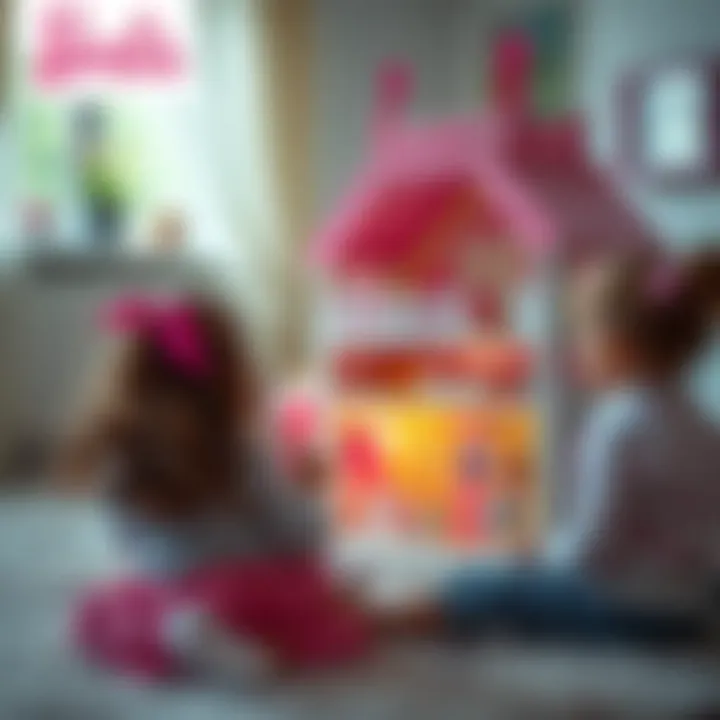 Children playing with the Barbie dollhouse, engaging in imaginative play.