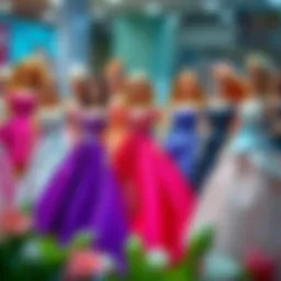 A variety of Barbie dresses displayed elegantly, showcasing different styles and colors.