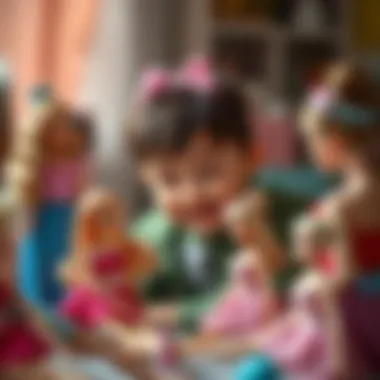 A child engaging in imaginative play with Barbie dolls