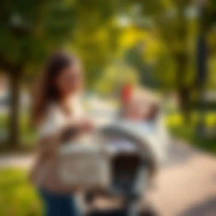 Enjoying Time Outdoors with a Baby Stroller A parent using a stroller in a park with a smiling baby