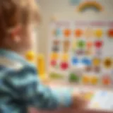 A toddler engaging with a potty training chart filled with colorful stickers