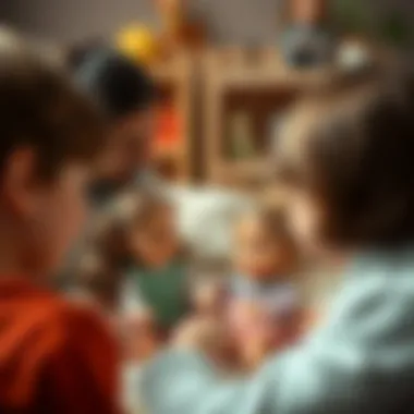 Parents and children engaging with dolls during playtime