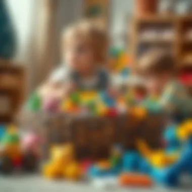 Children playing with toys organized in a large basket