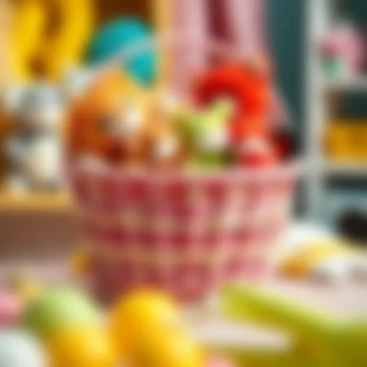 Colorful toy storage basket filled with plush toys