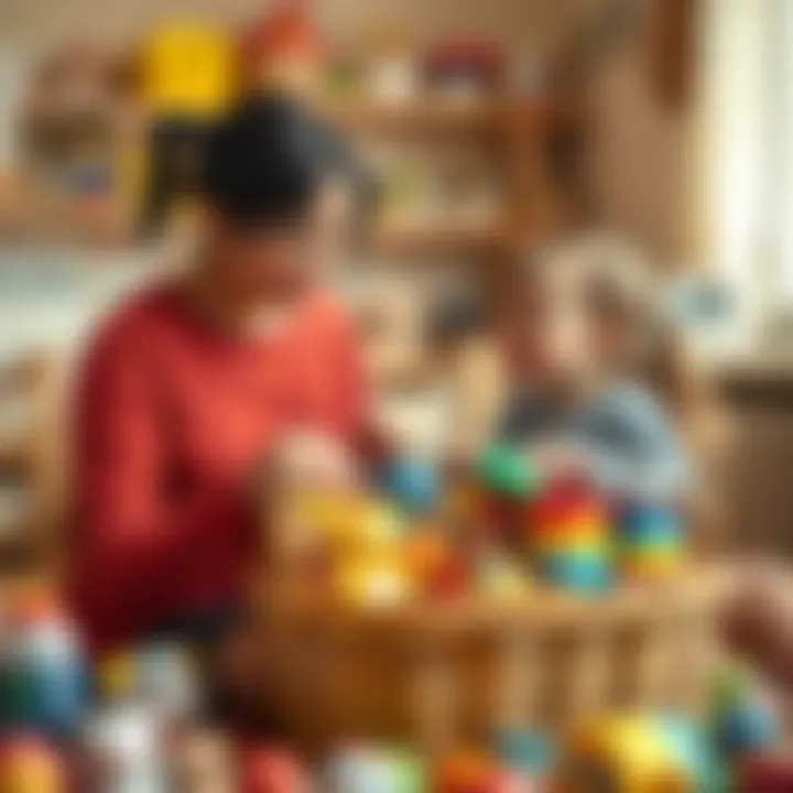 Parent and child selecting toys from a large basket