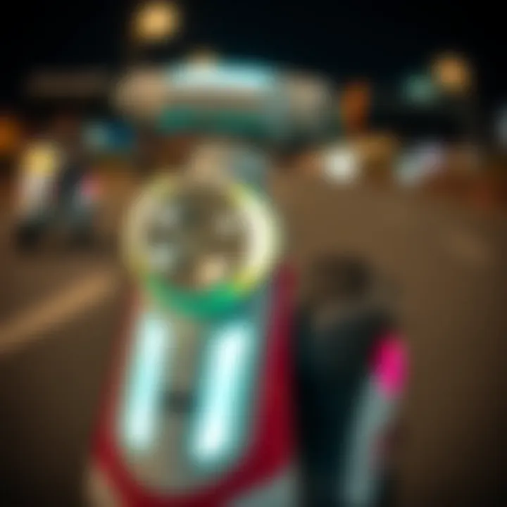 Safety Features of Bim Illuminated Scooter Close-up of the safety features on the Bim illuminated scooter.