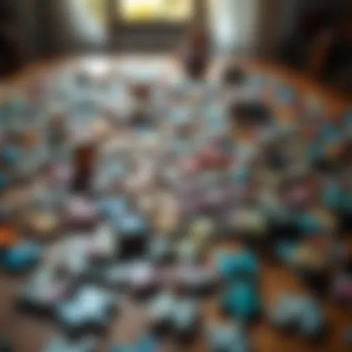 Intricate puzzle pieces spread out on a table