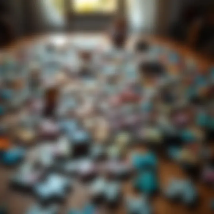 Intricate puzzle pieces spread out on a table