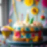 Artistic display of a birthday cake with vibrant decorations