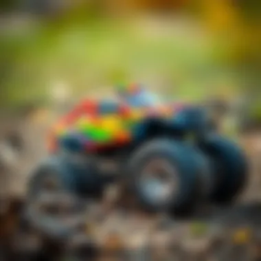 A colorful monster truck toy in action