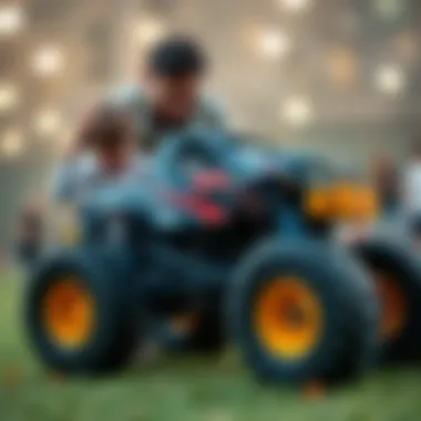 A parent helping a child with a monster truck setup