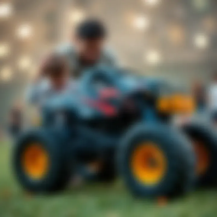 A parent helping a child with a monster truck setup