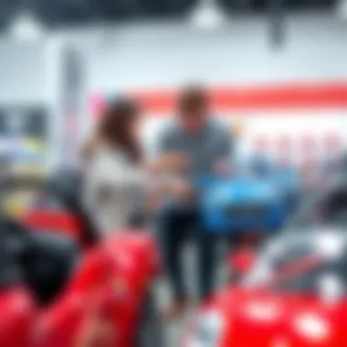 Parents discussing features of children's cars in a store