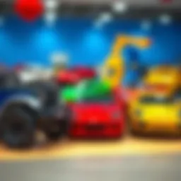 Different types of children's cars displayed in a vibrant setting