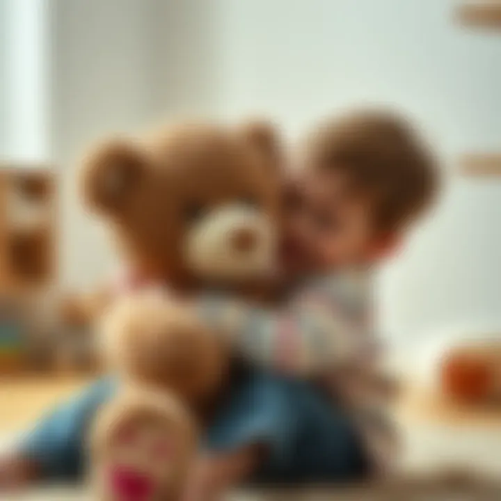 A child hugging a plush bear while playing
