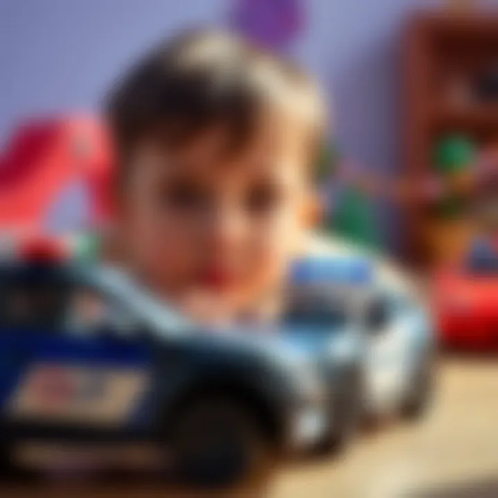 A child imagining a police chase scenario with toy police cars