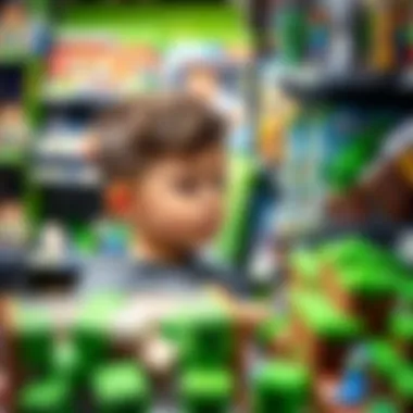 Exploring Minecraft Merchandise in Retail A child interacting with Minecraft merchandise in a store