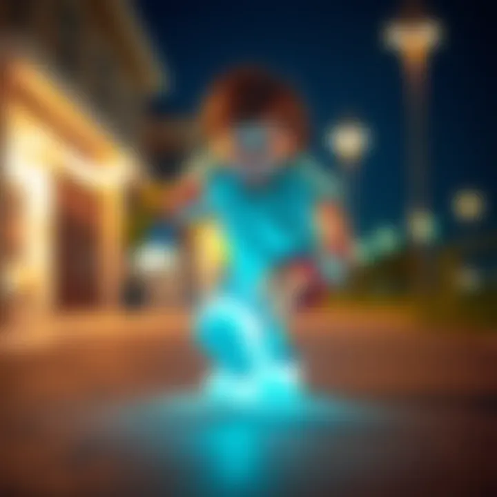 A child joyfully playing while wearing light-up shoes.