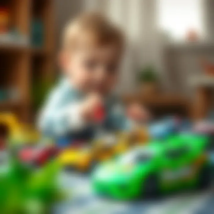 A child playing with a colorful toy car set