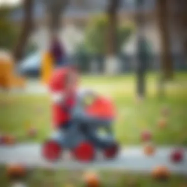 Child playing with a toy stroller in a park