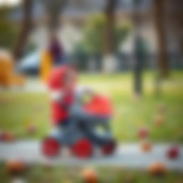 Child playing with a toy stroller in a park