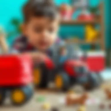 Engaging Playtime with the Tractor Set Child playing with toy tractor and trailer set