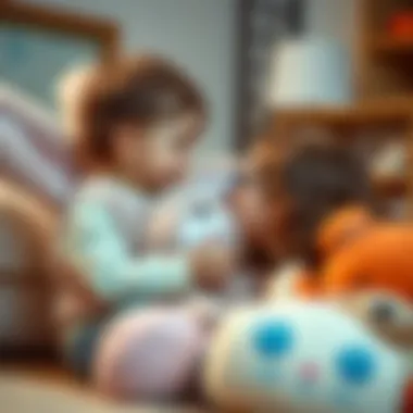 Child interacting with a large plush rabbit, highlighting engagement