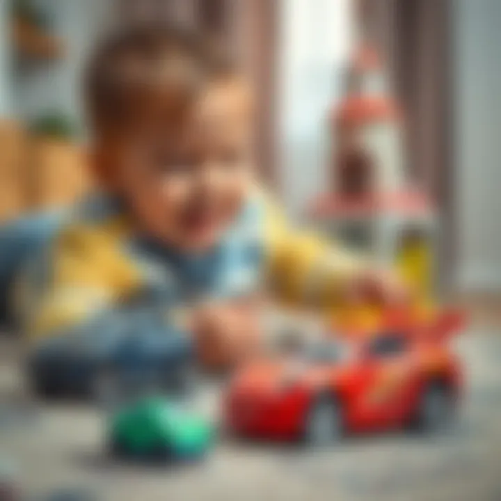 Child playing joyfully with a toy car on a rug