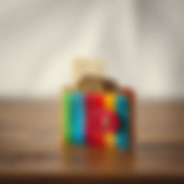 A colorful children's wallet with coins and a small note inside