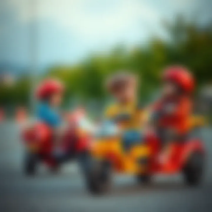 Children enjoying their time on three-wheeled vehicles