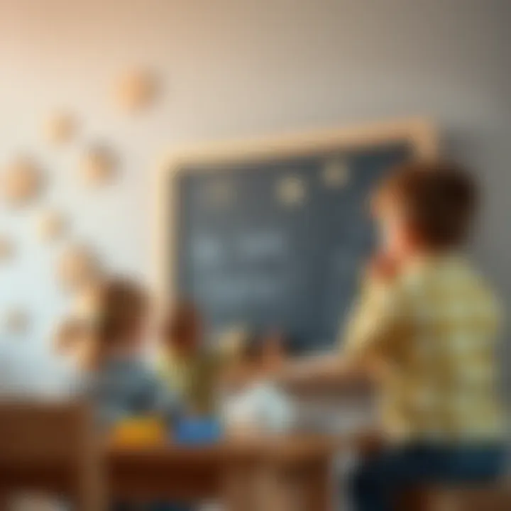 Children playing and learning with a large chalkboard.