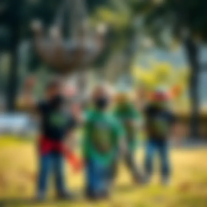 Children wearing Ninja Turtles t-shirts while playing in a park.