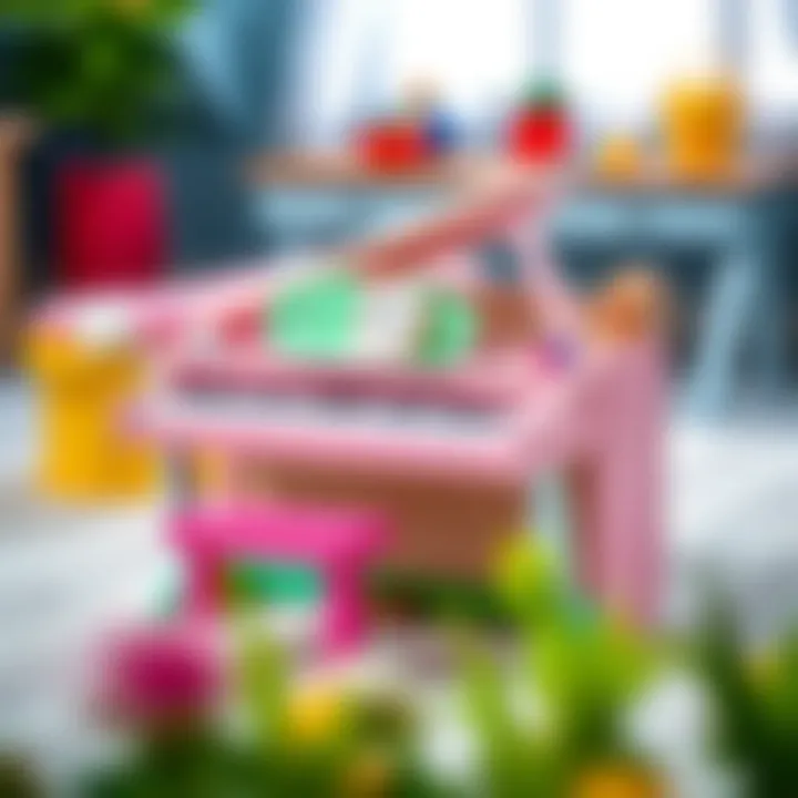A colorful selection of children's pianos showcasing various designs