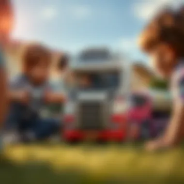 Group of children playing together with Scania remote control trucks