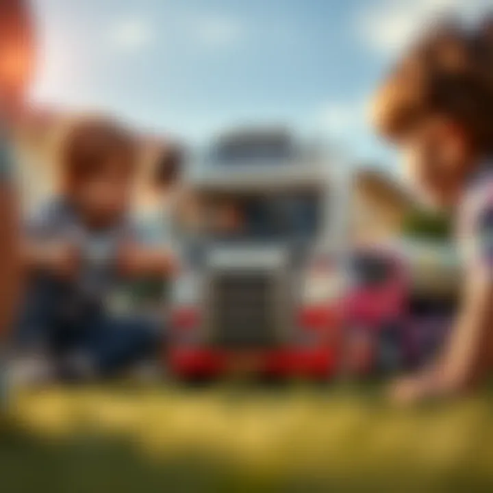 Group of children playing together with Scania remote control trucks