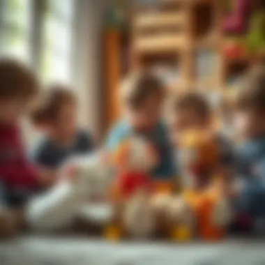 A group of children playing together with plush toys, fostering social skills and teamwork.