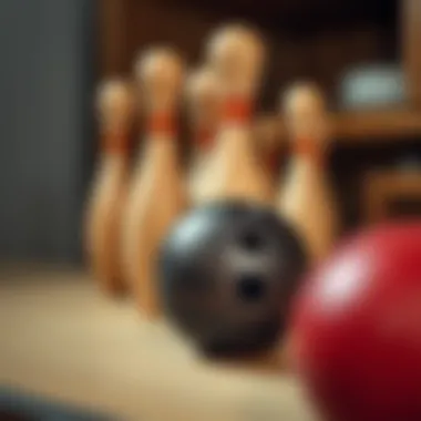 Artisan Crafted Bowling Equipment Close-up of wooden bowling pins and ball