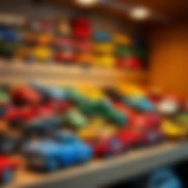An organized display of collectible toy cars on a shelf