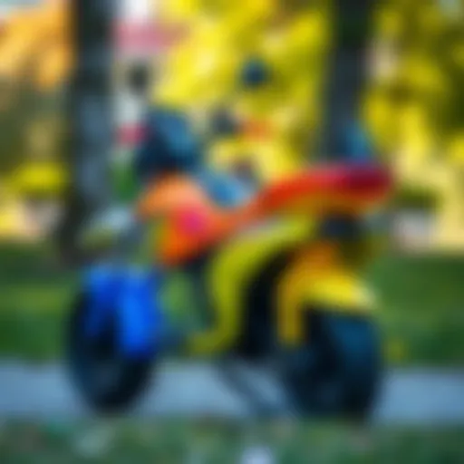 Colorful electric motorcycle for children in a park setting