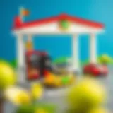 Colorful toy gas station with various fuel pumps and cars