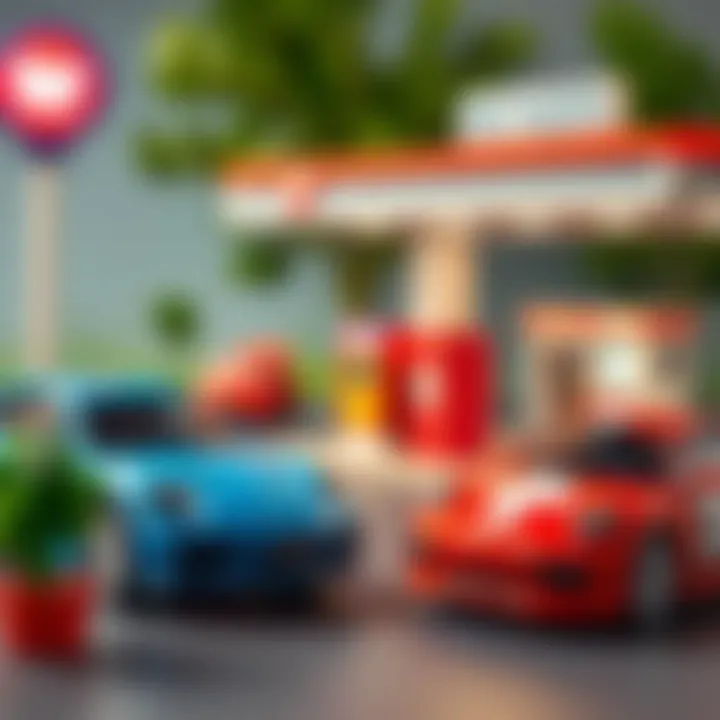 Creative scene depicting a gas station with toy cars and accessories