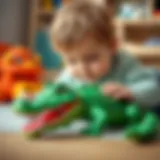 Child playing with crocodile toy, enhancing creativity